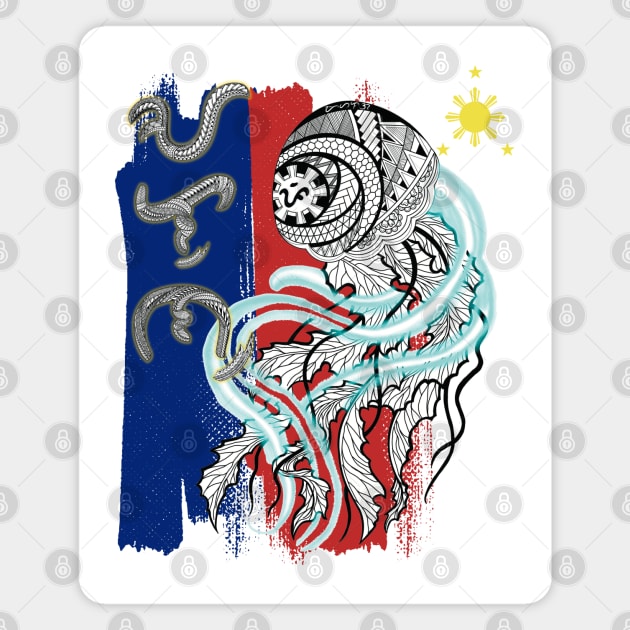 Philippine Flag-Tribal line Art Jellyfish / Baybayin word Alon (Waves) Magnet by Pirma Pinas